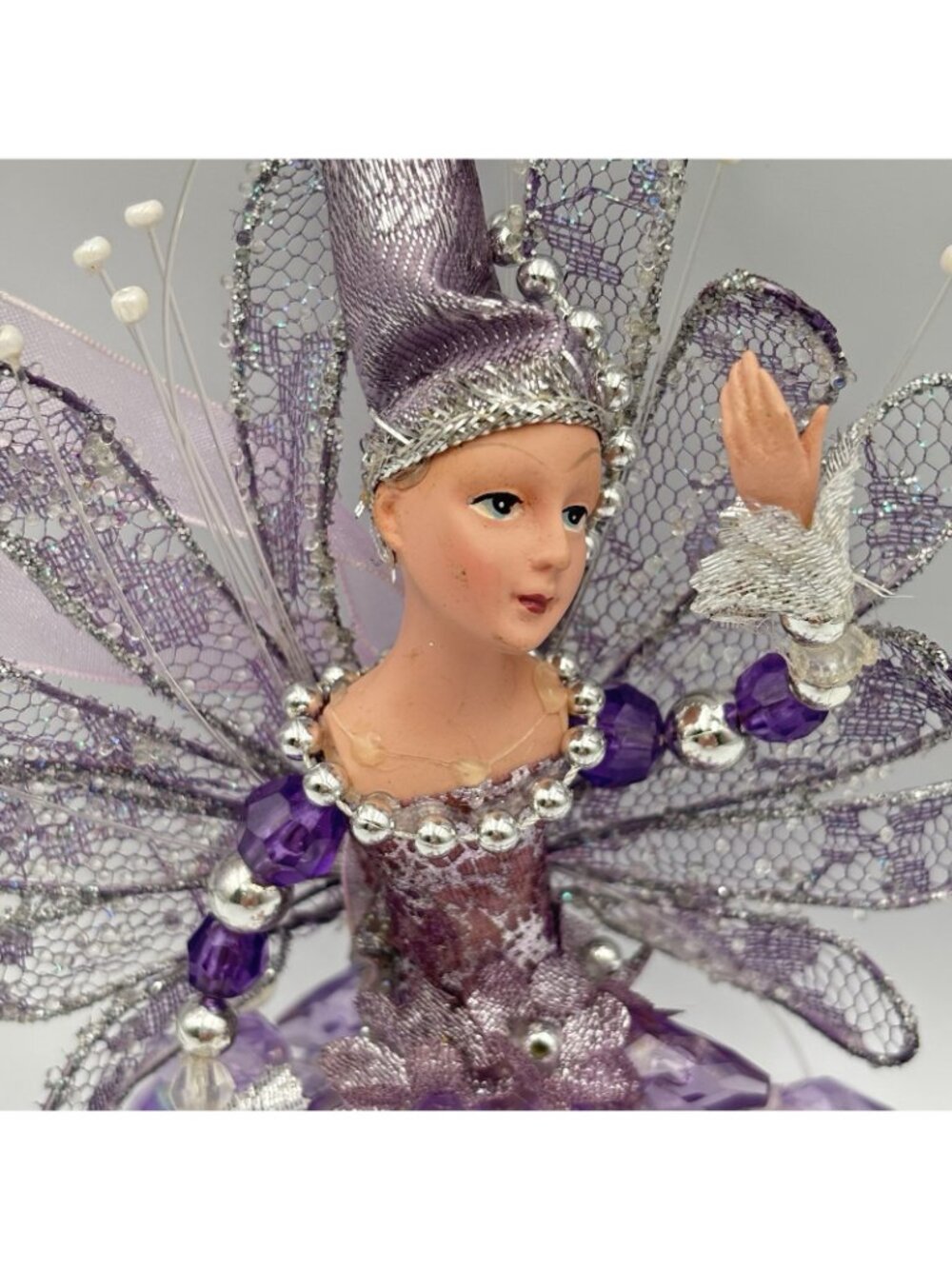 Vintage Purple Pixie Fairy Christmas Tree Ornament Hanging Beaded Shiny 8” Girl - Picture 5 of 16